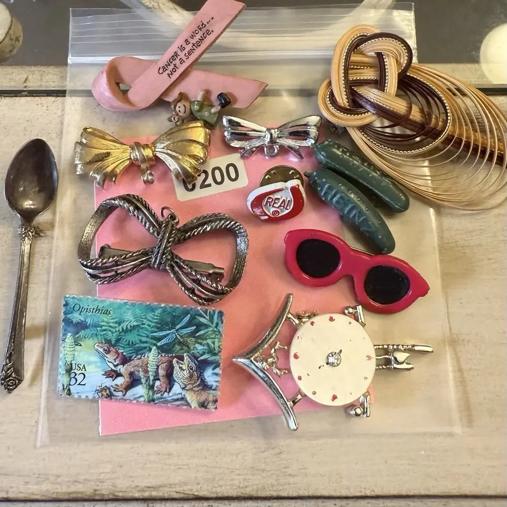 Vintage‎ Lot of Twelve Brooch Pins Pickles Clock Dinosaurs Spoon Bows Sunglasses